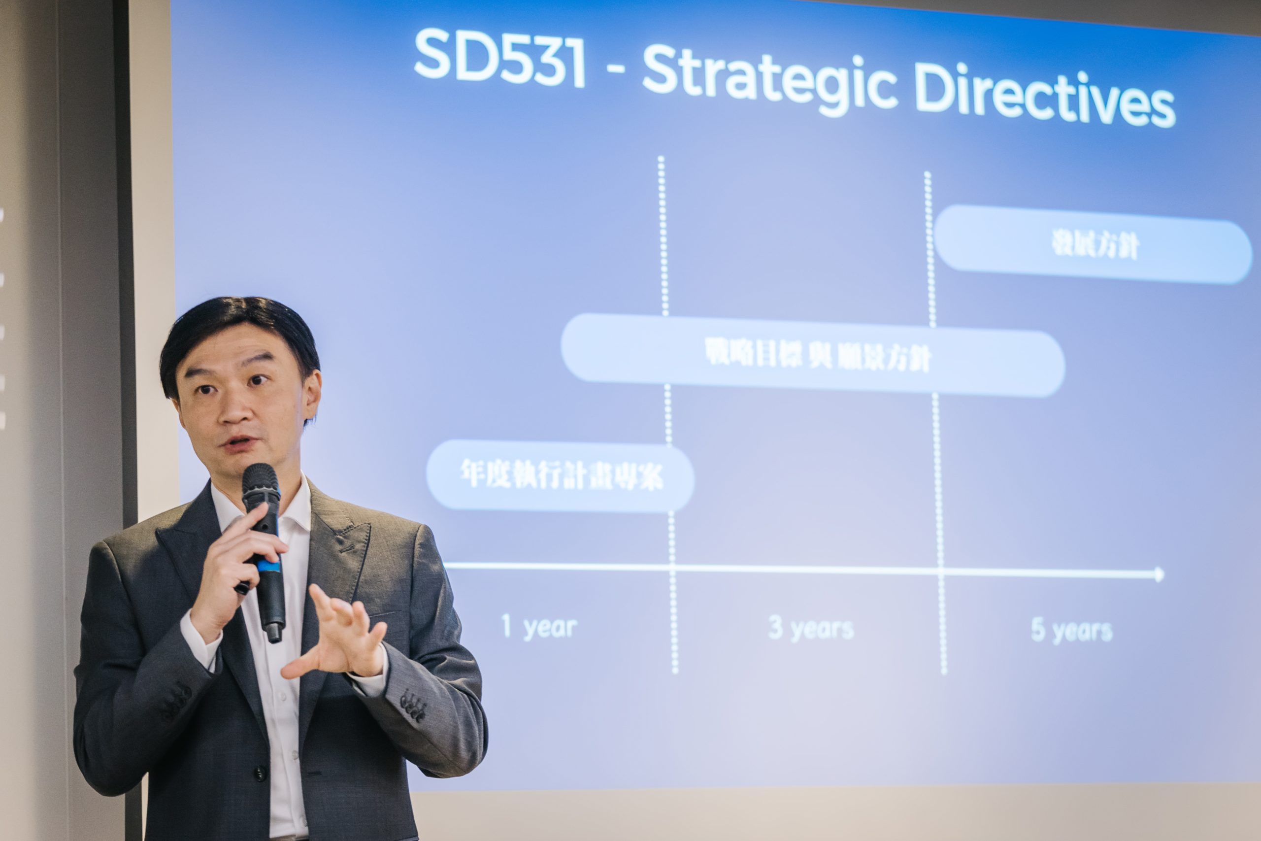 一位企業顧問正在演講，他的背後是展示企業轉型策略的投影畫面，圖表中提到年度執行計畫與長期目標，與中小企業數位轉型及組織再造的主題息息相關。