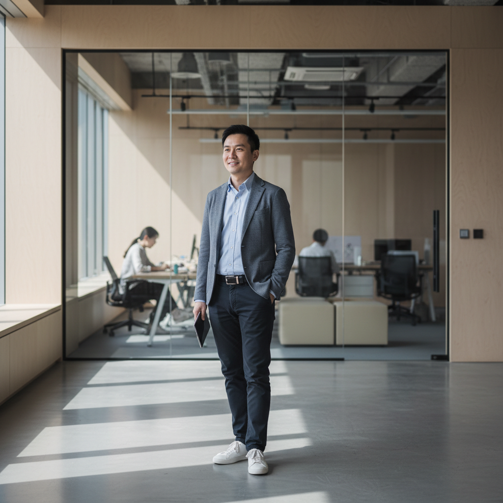 在現代辦公室中,一位專業男性站立於窗邊,手中持有平板,展現數位轉型顧問的形象。背景中有同事專心工作,這幅圖傳遞了中小企業數位轉型的主題。