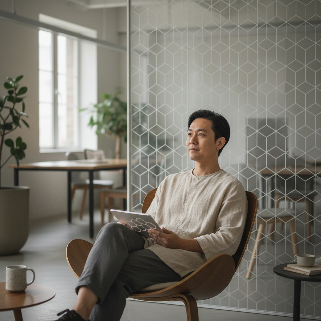 顧問在現代化辦公室使用平板電腦思考企業轉型策略，環境強調創新與組織彈性