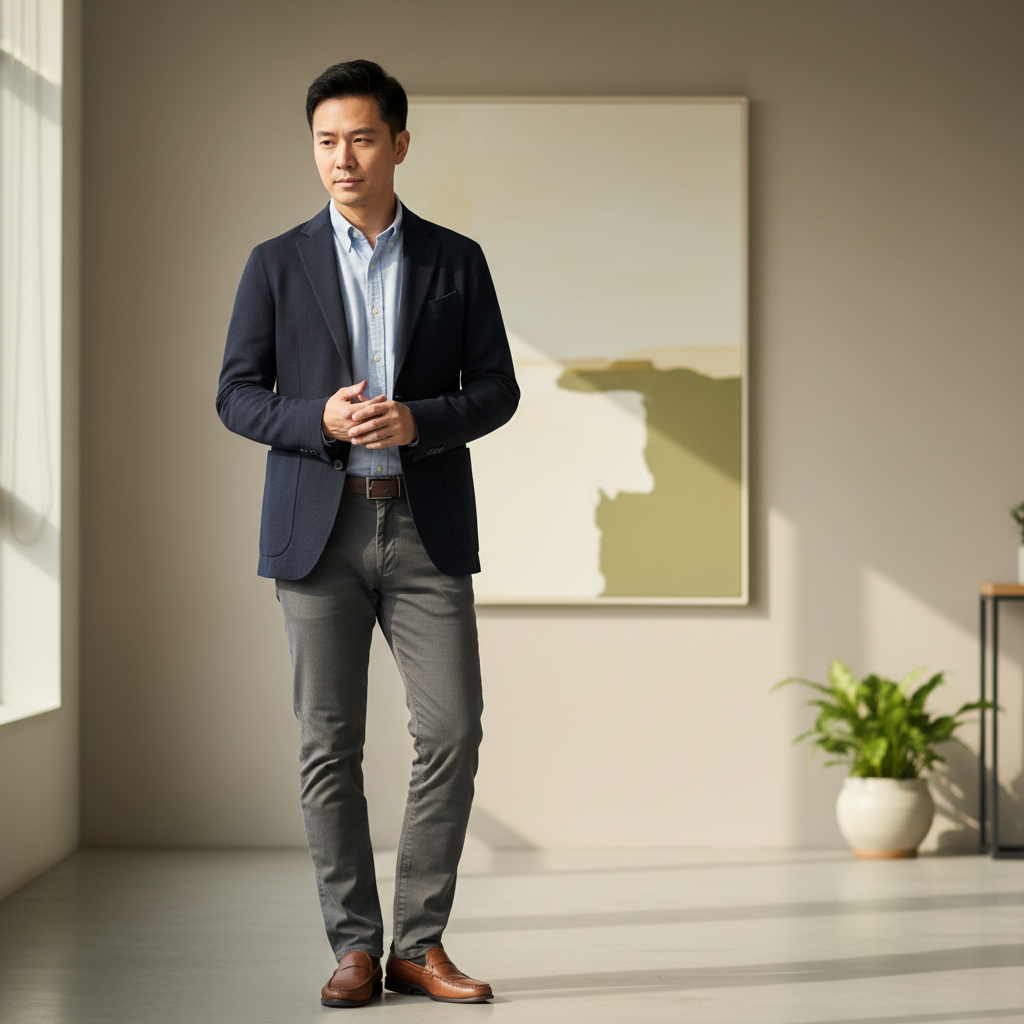 圖中有一位穿著正式的商業顧問，站在明亮的辦公室環境中，背景是簡約的藝術畫作，展現出專業和自信的姿態，此情境適合強調中小企業的數位轉型與企業轉型的相關議題。