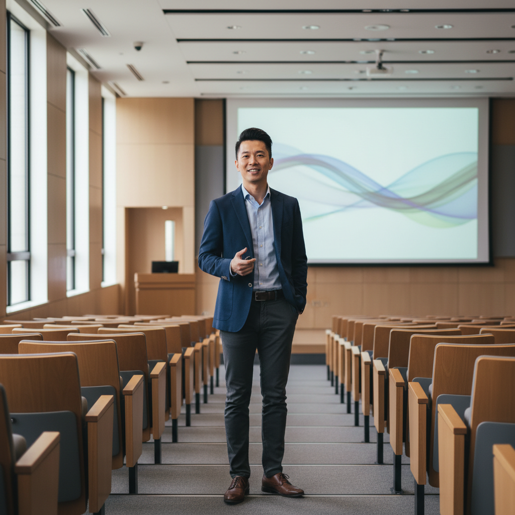 一位企業顧問在空曠的會議室中,展示數位轉型的概念,背景有數位圖形,強調中小企業數位轉型與企業轉型的重要性。