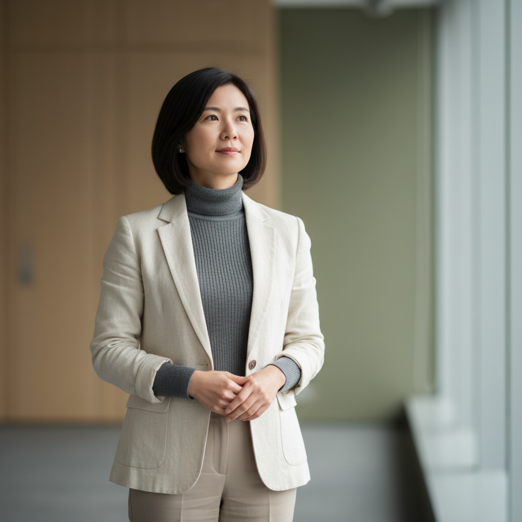 這張照片中，一位女性領導者身穿西裝，正在現代辦公室內盡力展望未來。她的表情中透露著堅定與自信，象徵著在中小企業數位轉型過程中的重要角色，專注於企業轉型與人資趨勢的發展。