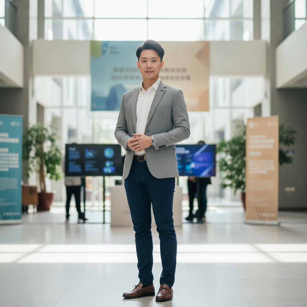 圖片中一位年輕的男企業顧問，穿著西裝站在現代化的辦公空間中，背景是展示數位轉型主題的電子看板，彰顯企業轉型的趨勢，場景展現出企業人資趨勢及人才發展的重要性。