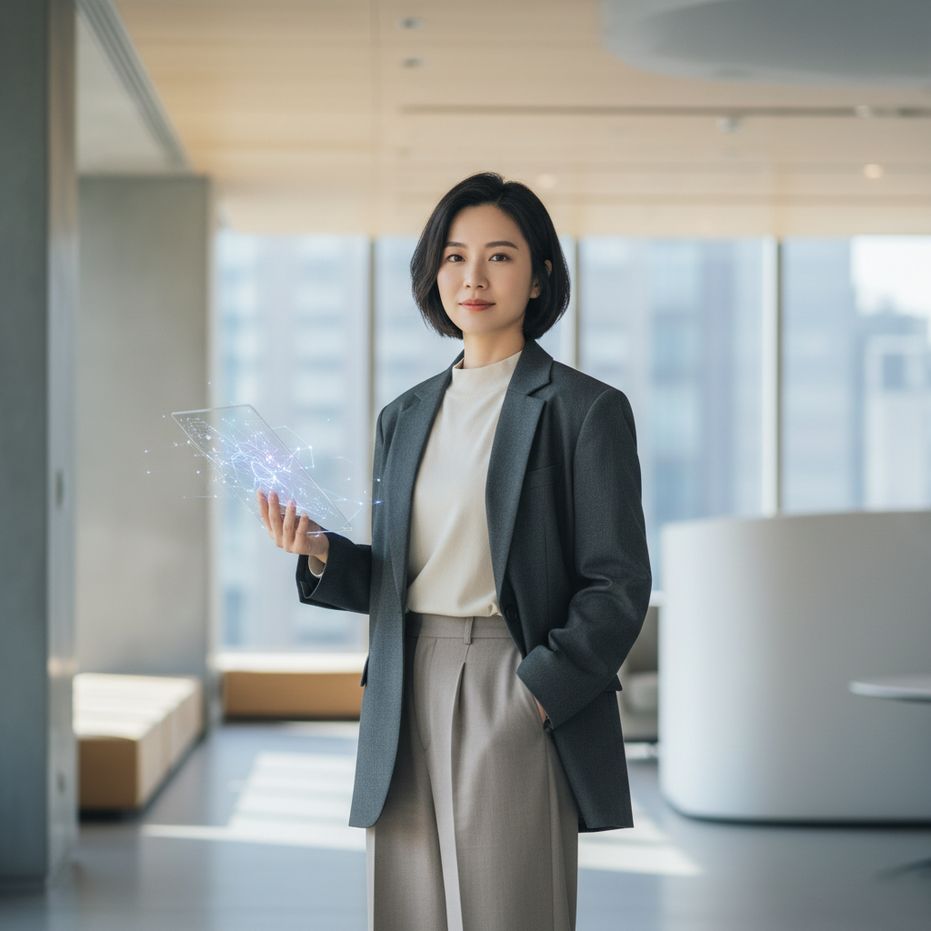 圖片中一位女性顧問站在現代辦公室內，手持透明的數位裝置，展示數據圖形，彰顯中小企業數位轉型的重要性，背景是明亮的窗戶和現代化公司內部裝潢。