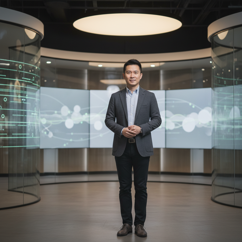 這張圖片展示了一位企業顧問，站在現代化的會議室中，背景有多個顯示螢幕，顯示數位轉型相關的數據與圖表。他的姿態展現了專業與自信，彷彿在分享中小企業數位轉型的策略及成功經驗。