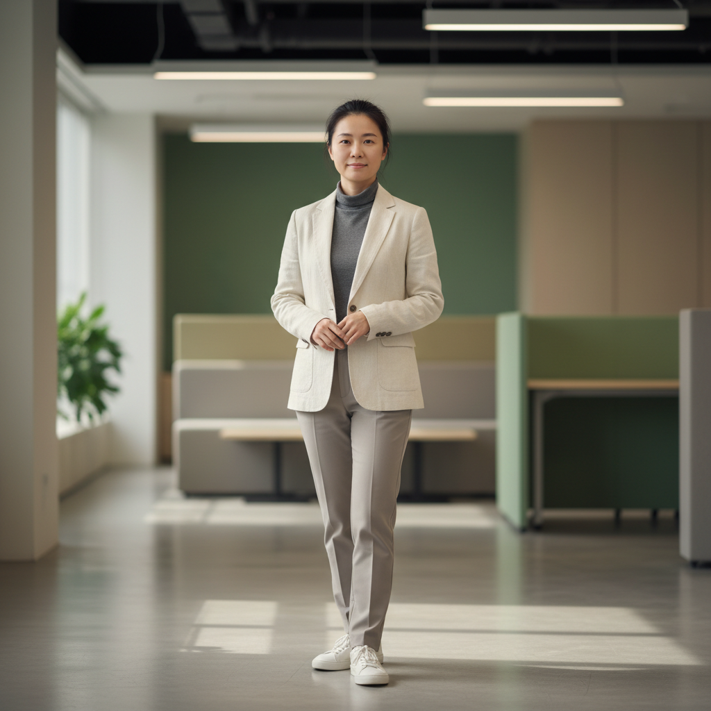 這張圖片呈現一位女性企業顧問，身穿專業西裝，站在現代化的辦公空間內。她微笑著，似乎在準備進行中小企業數位轉型的相關諮詢，背景顯示出適合企業轉型的開放式辦公環境。