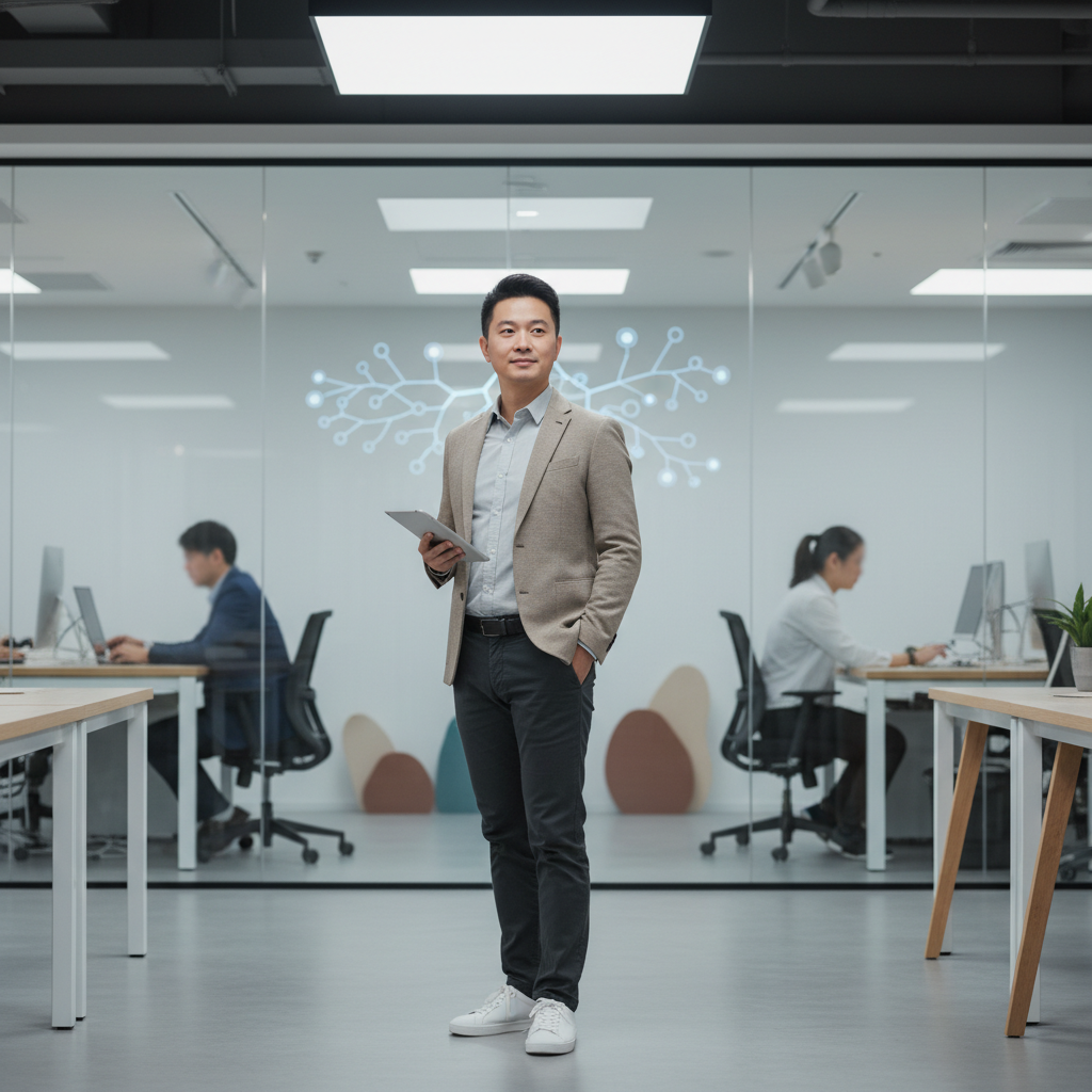 這張圖片展示了一位企業顧問站在現代化的辦公室內，手持平板，背景是反映數位轉型的圖形設計。辦公室內還有其他員工專注於電腦工作，整體環境散發出專業與創新的氛圍，強調中小企業數位轉型的重要性。