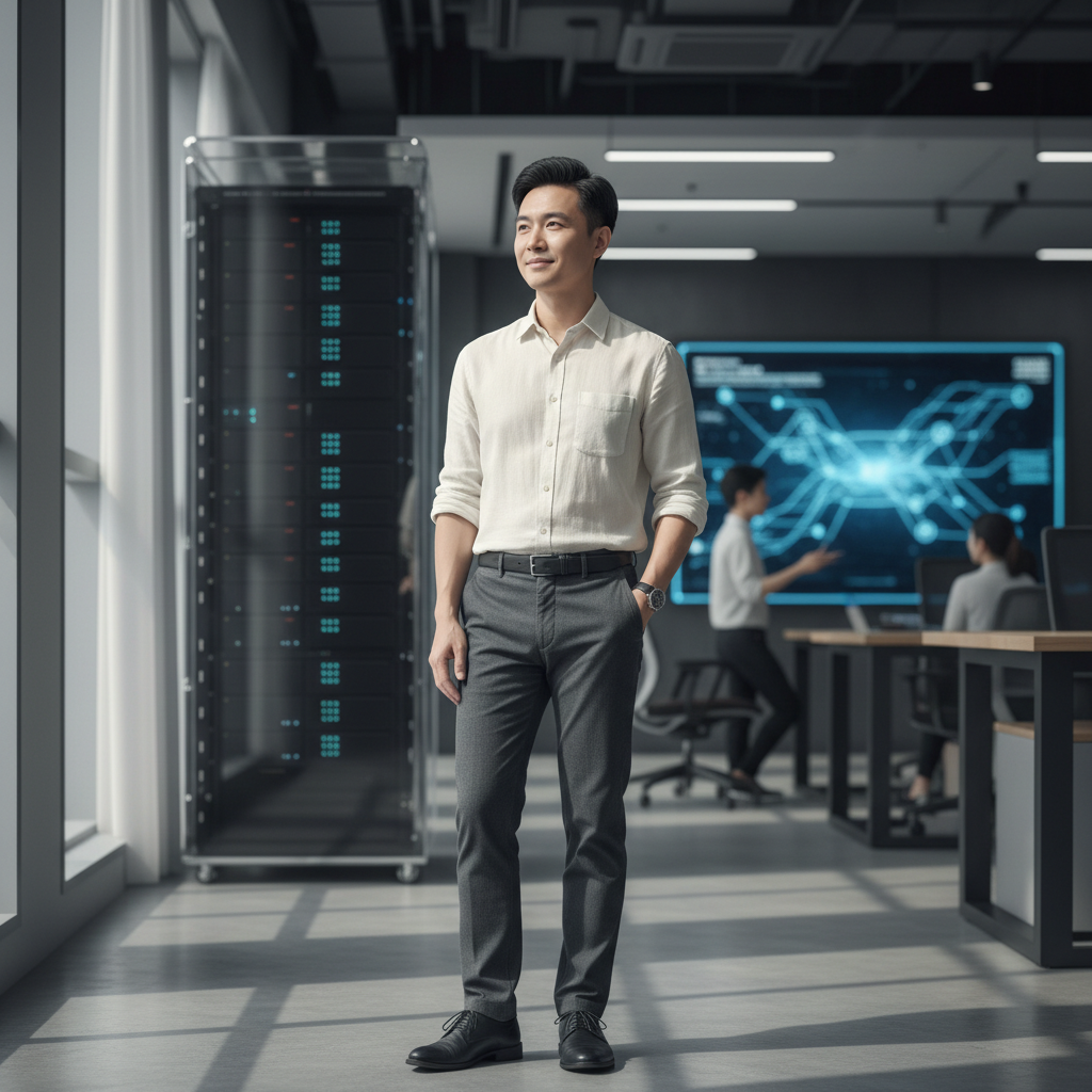 圖片中，一位男性顧問在現代辦公室內微笑，背景是數位轉型相關的圖表及伺服器，彰顯中小企業數位轉型的重要性，適合企業管理顧問討論與展示最新的數位解決方案。