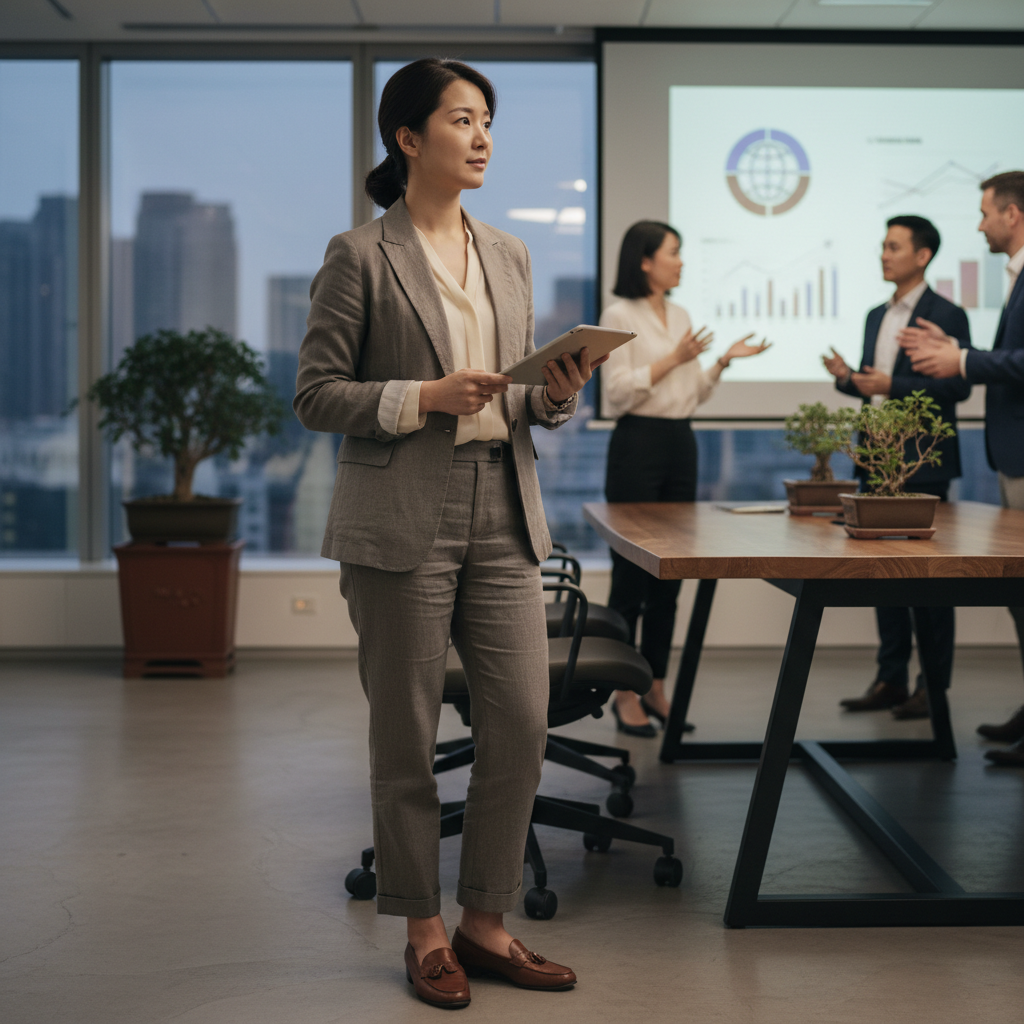 在現代化辦公室內，一位穿著灰色西裝的女性正手持平板電腦，注視著股票圖表，周圍是正在討論企業數位轉型的同事，展示了企業管理顧問所需的專業氛圍。