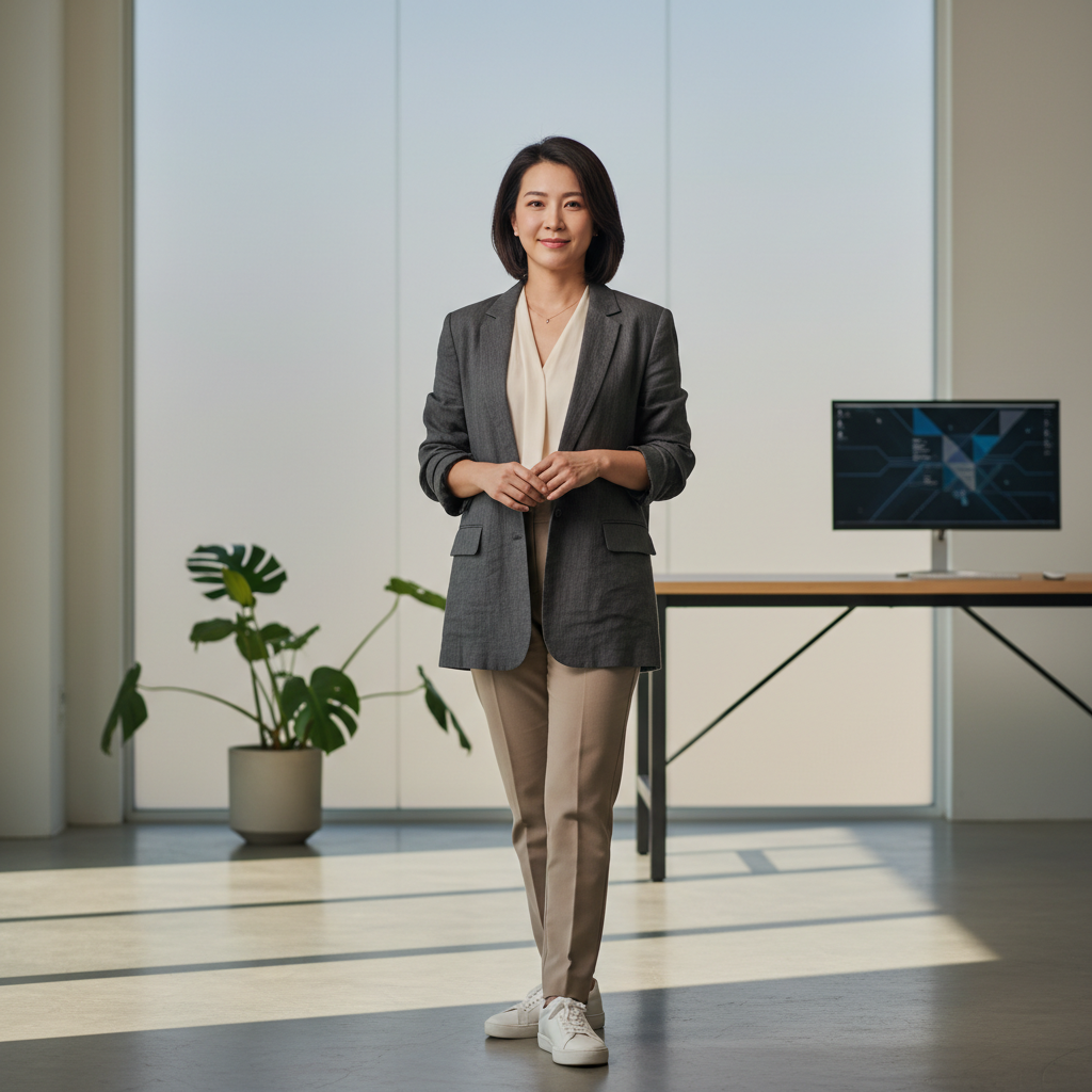 這張圖片展示一位女性企業顧問，穿著正式的商務服裝，站在現代化的辦公室內。背景有大型窗戶照進自然光，顯示出舒適且專業的工作環境，適合中小企業進行數位轉型的討論。