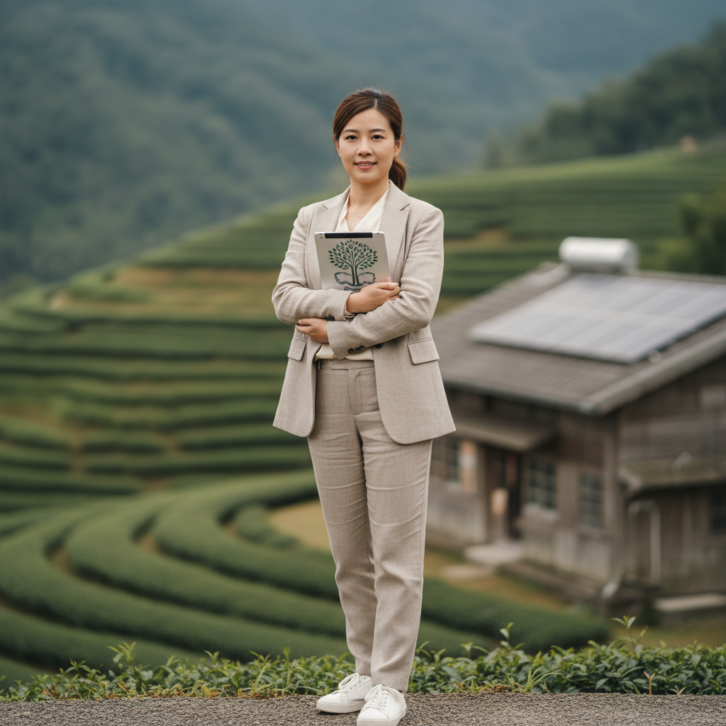 一位身穿西裝的女性站在茶園中，手中持有一本記錄數位轉型計畫的筆記本，背景中可見一棟帶有太陽能板的木屋，展現中小企業數位轉型和企業管理的課題。