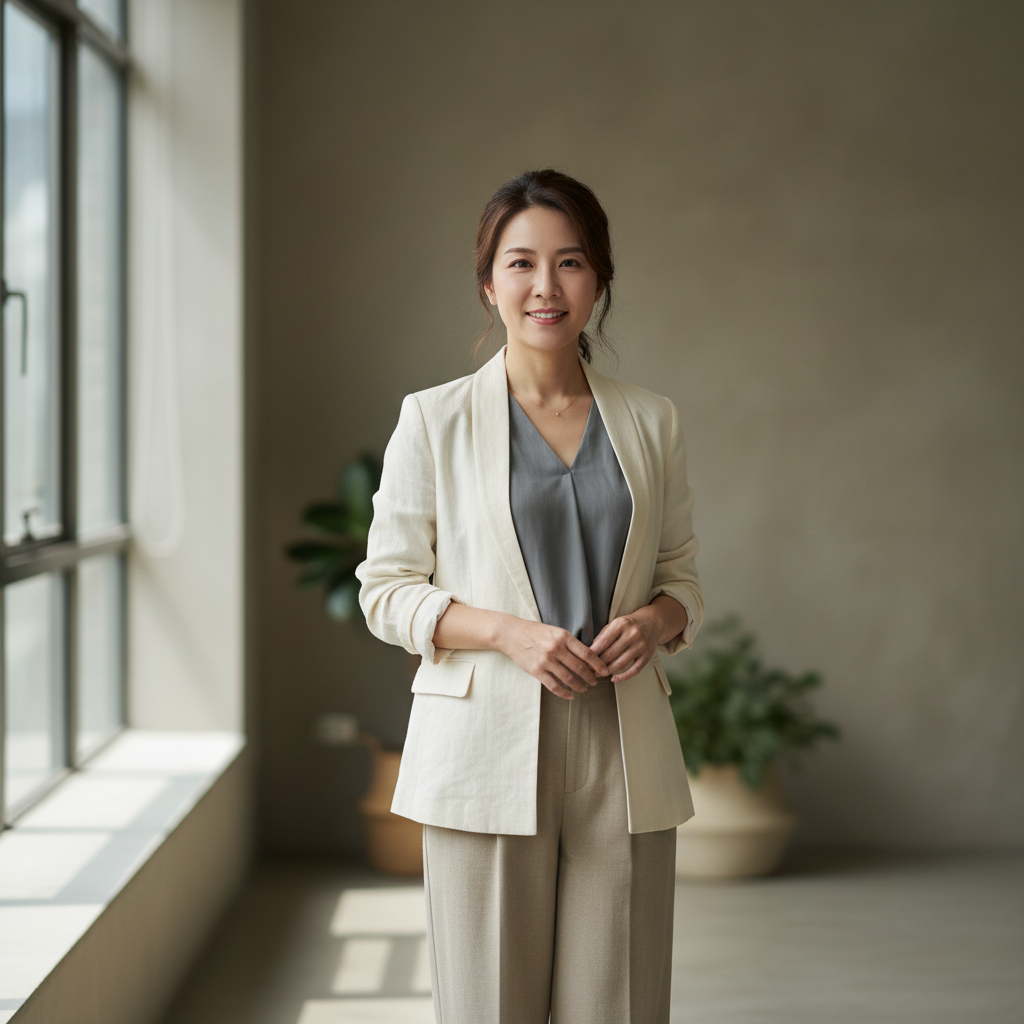 一位穿著正式服裝的女性顧問，站在現代辦公室內，展現專業自信的姿態，臉上帶著微笑，周圍環境明亮且有植物裝飾，代表著中小企業數位轉型的專業形象。
