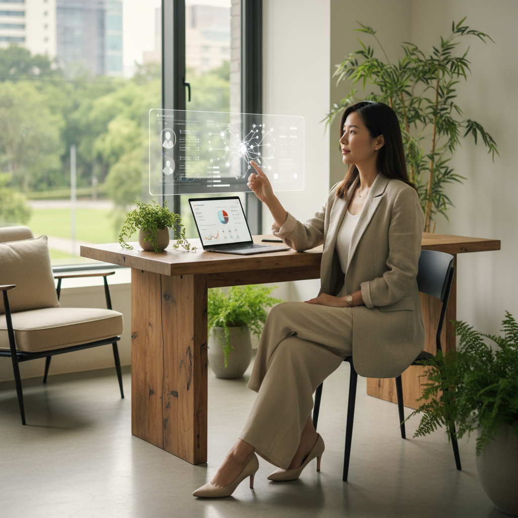 一位專業顧問坐在桌前，透過平板電腦查看數據分析，顯示出中小企業數位轉型的各種關鍵指標和趨勢，背景是明亮的辦公室環境，周圍有綠色植物，展現出專注於企業轉型與人才發展的氛圍。