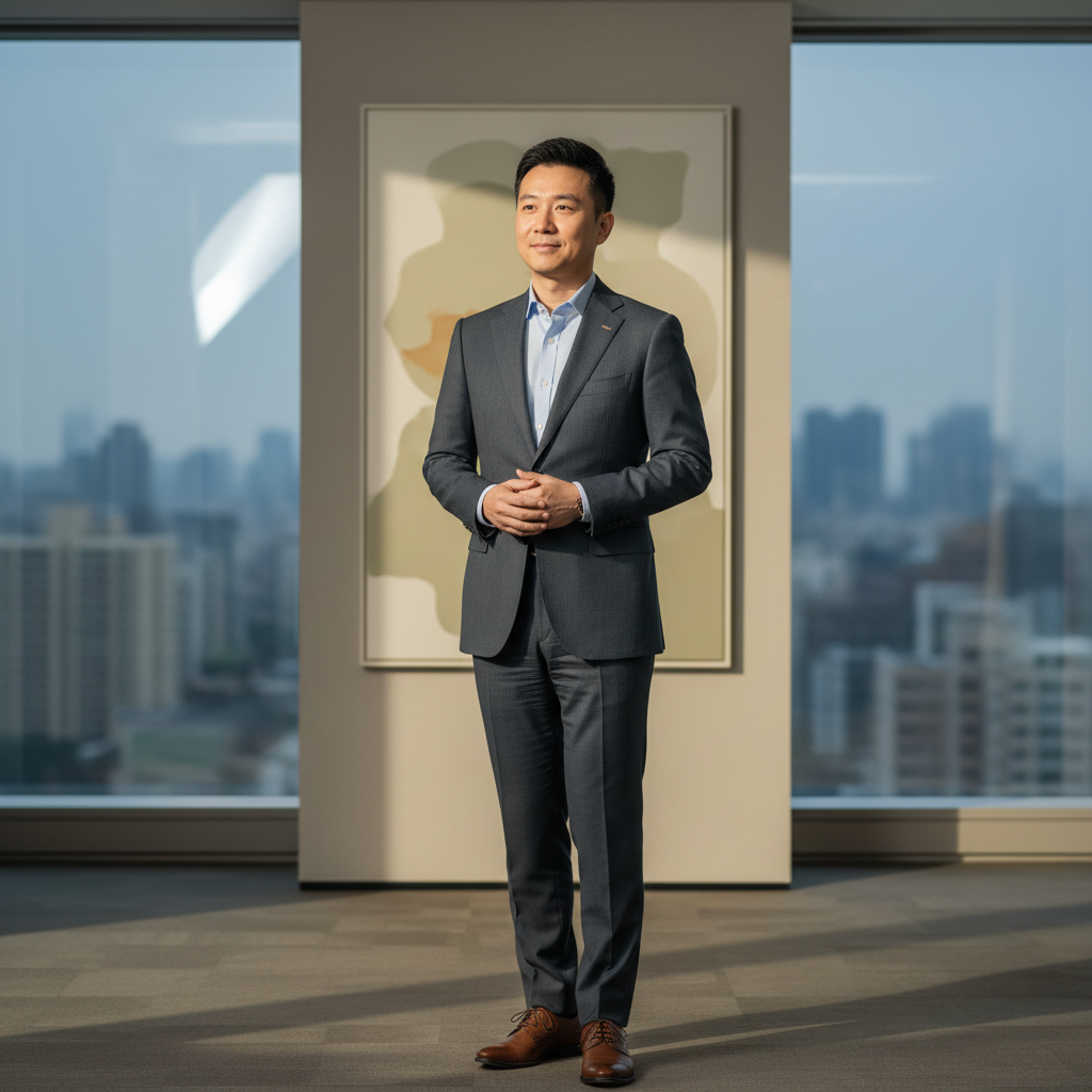 圖片中一位穿著正式西裝的男性站在辦公室內，他微笑地面向窗外，背景是都市景觀和抽象畫作，這樣的場景彰顯了中小企業數位轉型的專業顧問形象。