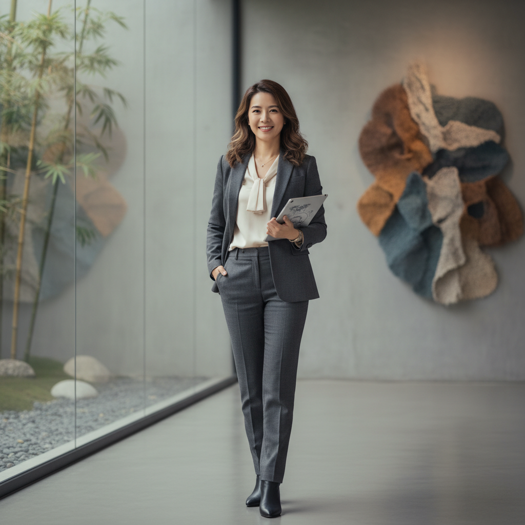 這張圖片展示了一位女性企業顧問，身穿正式西裝，微笑站在現代化辦公環境中，手裡拿著數位轉型計畫的文件，背景是綠意盎然的植物與藝術裝置，表達出企業轉型的專業與自信。