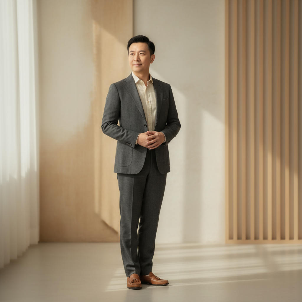 一位專注於企業數位轉型的男士站在明亮的辦公空間中，穿著灰色西裝，展現自信與專業，象徵著中小企業在數位轉型過程中的領導力與組織再造能力。