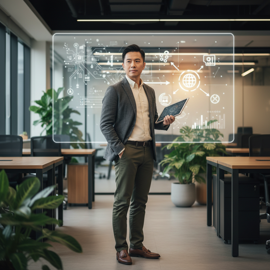 一名男士站在現代辦公室內，手持平板電腦，背景顯示出與企業數位轉型相關的圖表和數據，強調企業轉型的重要性及其未來趨勢。