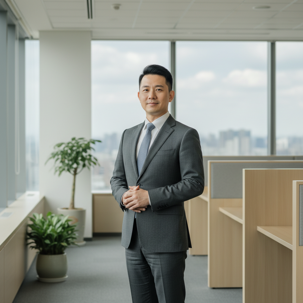 這張圖片展示了一位中小企業數位轉型的顧問，身穿正式西裝，微笑地站在現代辦公空間中，背景有窗外的都市景觀，展現出專業且自信的形象，代表著企業轉型與人資趨勢的前沿。