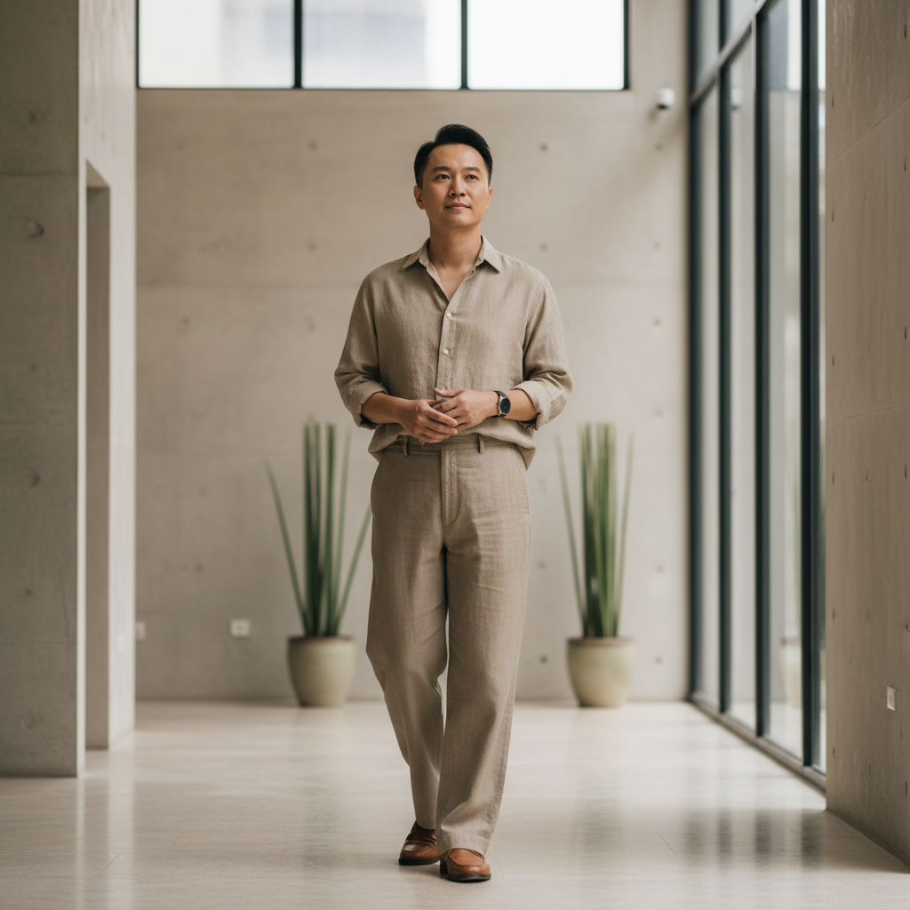 這是一位穿著簡約淺色襯衫的男性，站在現代辦公空間內，四週有綠意的植物裝飾，展現出領導者的自信形象，體現中小企業數位轉型與人資趨勢的關聯。