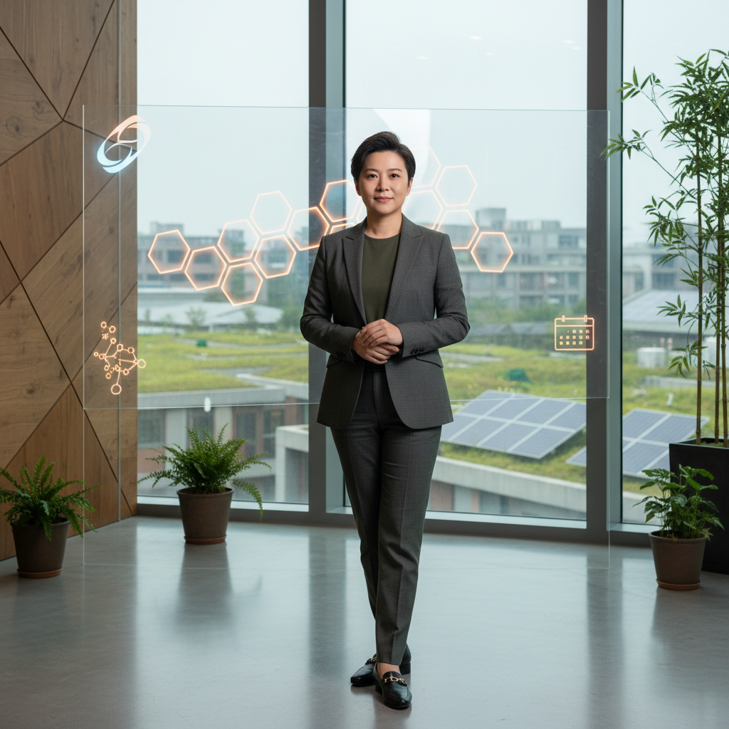 圖片中是一位女性企業顧問，站在現代化辦公室內，背景有綠意盎然的室外空間及太陽能板。她穿著正式的西裝，面帶微笑，似乎在進行企業數位轉型的專業演講，呈現領導力與專業形象。