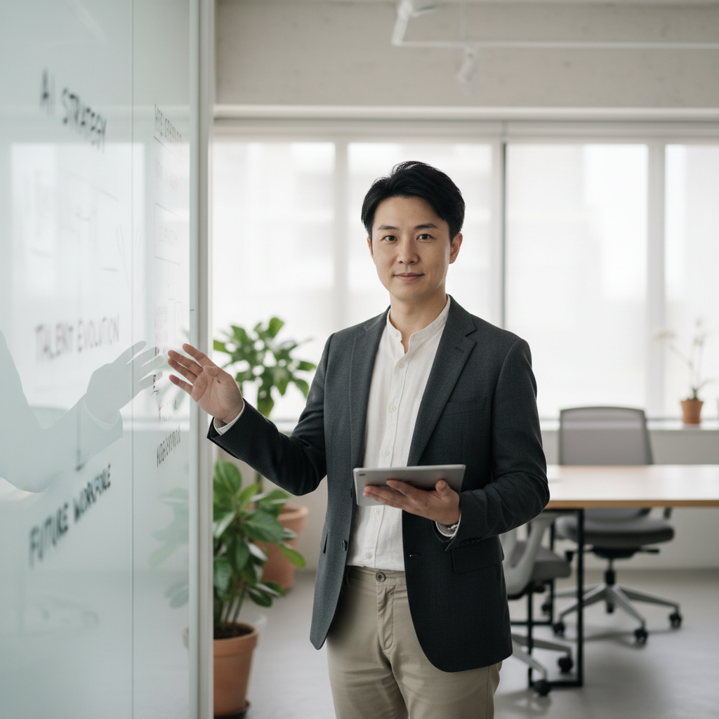 在明亮會議室內,一位顧問向與會者介紹數位轉型策略,牆面上展示人才發展與企業轉型的視覺資料,體現 ESG 與企業治理整合的專業輔導場景。