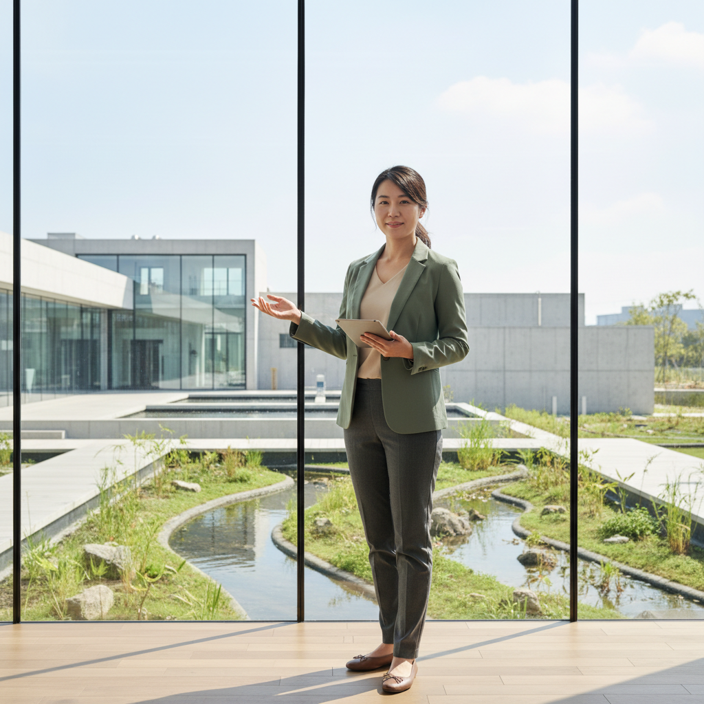 這張圖片展示一位女性顧問站在現代化的辦公空間中，手持平板電腦，微笑著向前方介紹。背景是一片綠意盎然的景觀，顯示出企業在數位轉型過程中對環境與靈活工作的重視，展現出企業轉型的趨勢。