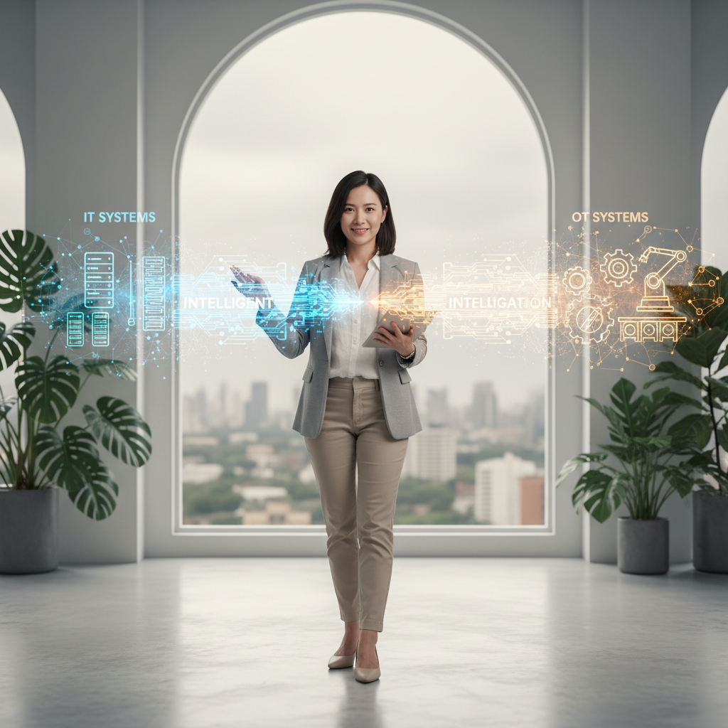 圖片展示一位女性顧問，站在明亮的辦公室內，其前方浮現出數位轉型的關鍵概念，包含IT與OT系統的圖示，強調企業轉型與組織再造的重要性，適合中小企業推動數位轉型的人士參考。