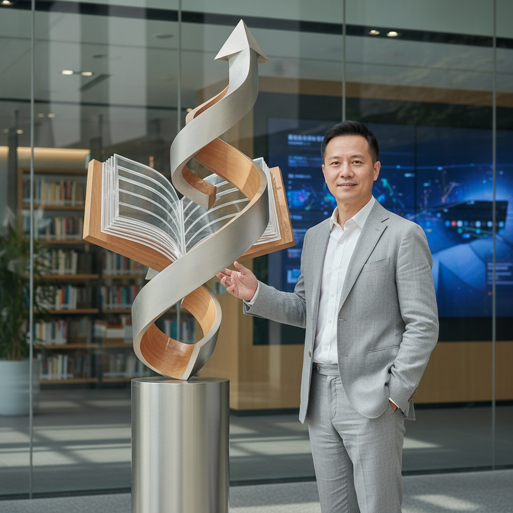 這張圖片展示了一位企業顧問站在現代辦公室內，一側是一座象徵數位轉型的雕塑，背景有工作環境的高科技顯示屏。這位顧問展現出對中小企業數位轉型的信心，象徵著企業組織再造的潛力。