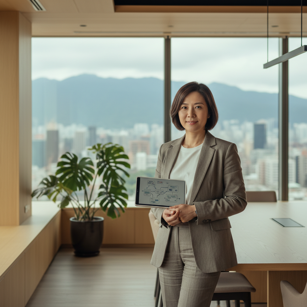 一位穿著專業西裝的女性顧問，在現代化辦公室中手持平板，展示企業轉型相關的數位策略，背景可見都市風景，象徵著中小企業數位轉型的趨勢。
