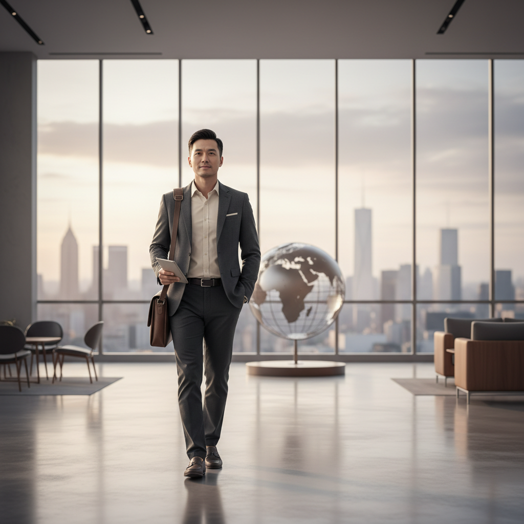 一位穿著西裝的企業顧問走在明亮的辦公室內，背景可見城市天際線與地球儀，象徵企業轉型與全球趨勢，展現中小企業數位轉型的專業與未來方向。