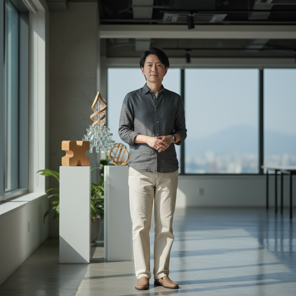 這張圖片展示了一位女性站在大窗戶前，手中握著象徵人才管理與創新的木製獎項，背景是青翠的山丘，展現中小企業數位轉型中對人才發展的重視。