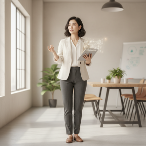 一位女性顧問站在辦公室內，手持平板電腦，似乎正在向同事介紹企業轉型的策略。辦公室內有明亮的採光和綠色植物，環境寧靜且專業，展現出數位轉型的氛圍。