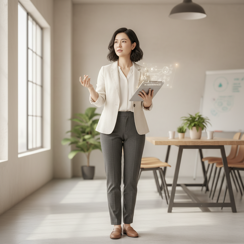 一位女性顧問站在辦公室內，手持平板電腦，似乎正在向同事介紹企業轉型的策略。辦公室內有明亮的採光和綠色植物，環境寧靜且專業，展現出數位轉型的氛圍。