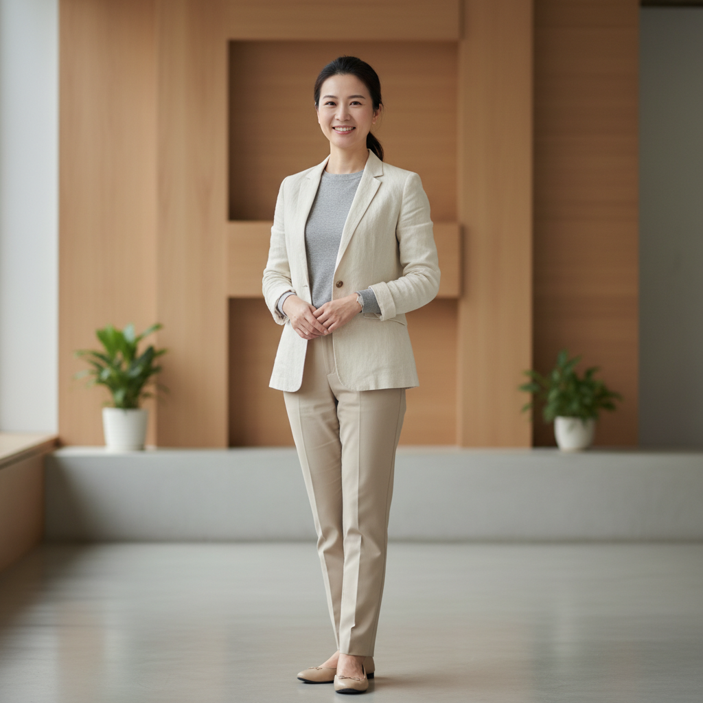 圖片中一位穿著淺色西裝的女性微笑站在現代化的辦公室中，背景有木質牆面和綠色植物，展現出專業形象