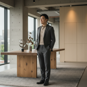 在現代辦公室中，一位穿著西裝的男性站在一張木製桌子旁，展示出對企業數位轉型的自信。他的姿態顯示出專業與領導潛力，背景中可以看到窗外的城市景觀，這幅圖片充分體現了中小企業如何透過人資趨勢進行企業轉型。