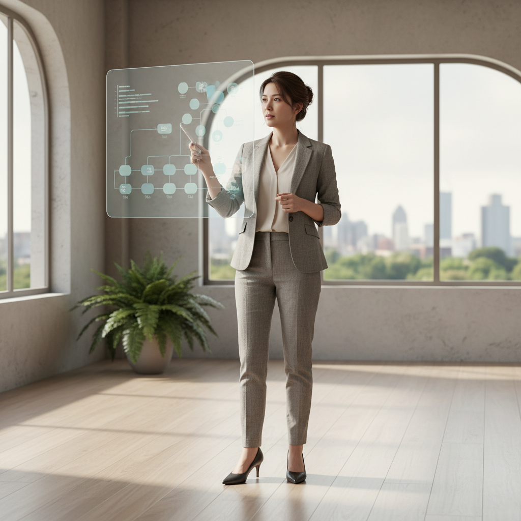 一位穿著西裝的女性企業顧問，在明亮的辦公室中透過透明的觸控螢幕展示數位轉型的策略，窗外可見城市天際線，展現企業轉型的專業氛圍