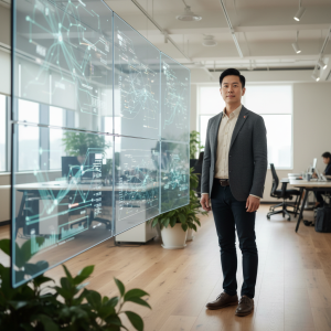 在現代化辦公室中，一位企業顧問正專注於數位轉型，背景展示著多個數據分析圖表，強調中小企業如何進行組織再造與提升人資趨勢。