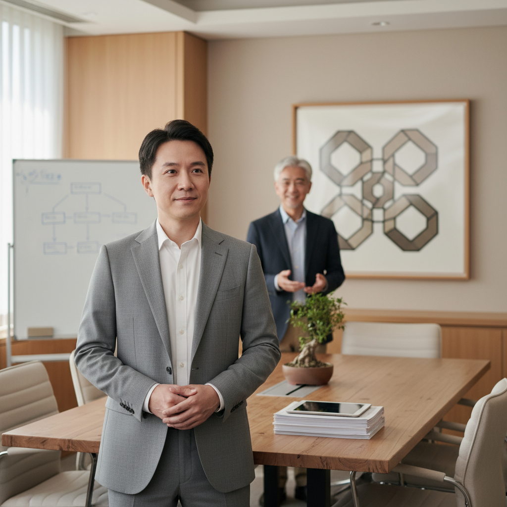商務人士在會議室進行簡報，展示數位轉型與組織再造內容，展現顧問專業場域