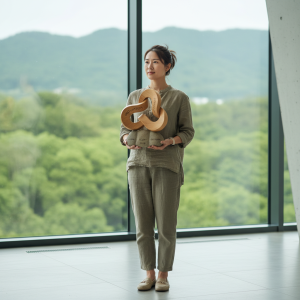 這張圖片展示了一位女性站在大窗戶前，手中握著象徵人才管理與創新的木製獎項，背景是青翠的山丘，展現中小企業數位轉型中對人才發展的重視。