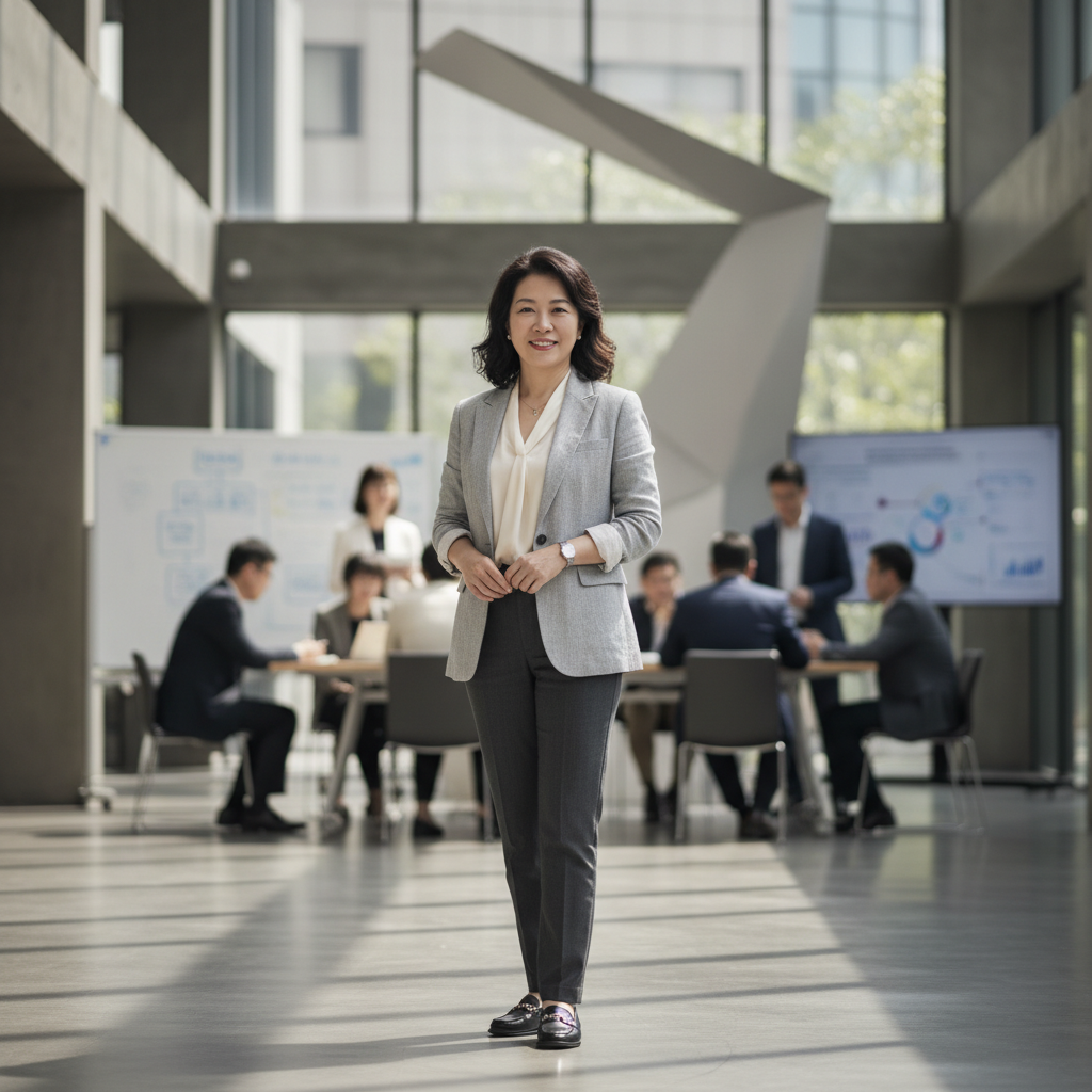 這張圖片展示了一位專注於中小企業數位轉型的顧問，她站在現代化的辦公空間中，周圍有一小組專業人士正在討論企業組織再造的策略。背景的白板上標示著與人資趨勢和人才發展相關的計畫，彰顯出企業治理與企業管理的重要性。