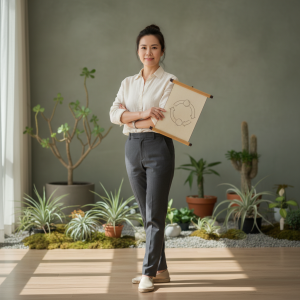 一位專注於中小企業數位轉型的顧問，穿著正式服裝，站在室內綠意盎然的環境中，手中持有顯示企業轉型過程的圖表，展現領導力與專業。