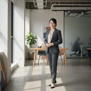 這張圖片展示一位自信的女性顧問，穿著專業的套裝，站在現代化的辦公室內，擁有明亮的自然光線及綠色植物背景，象徵著中小企業數位轉型的必要性與領導力。