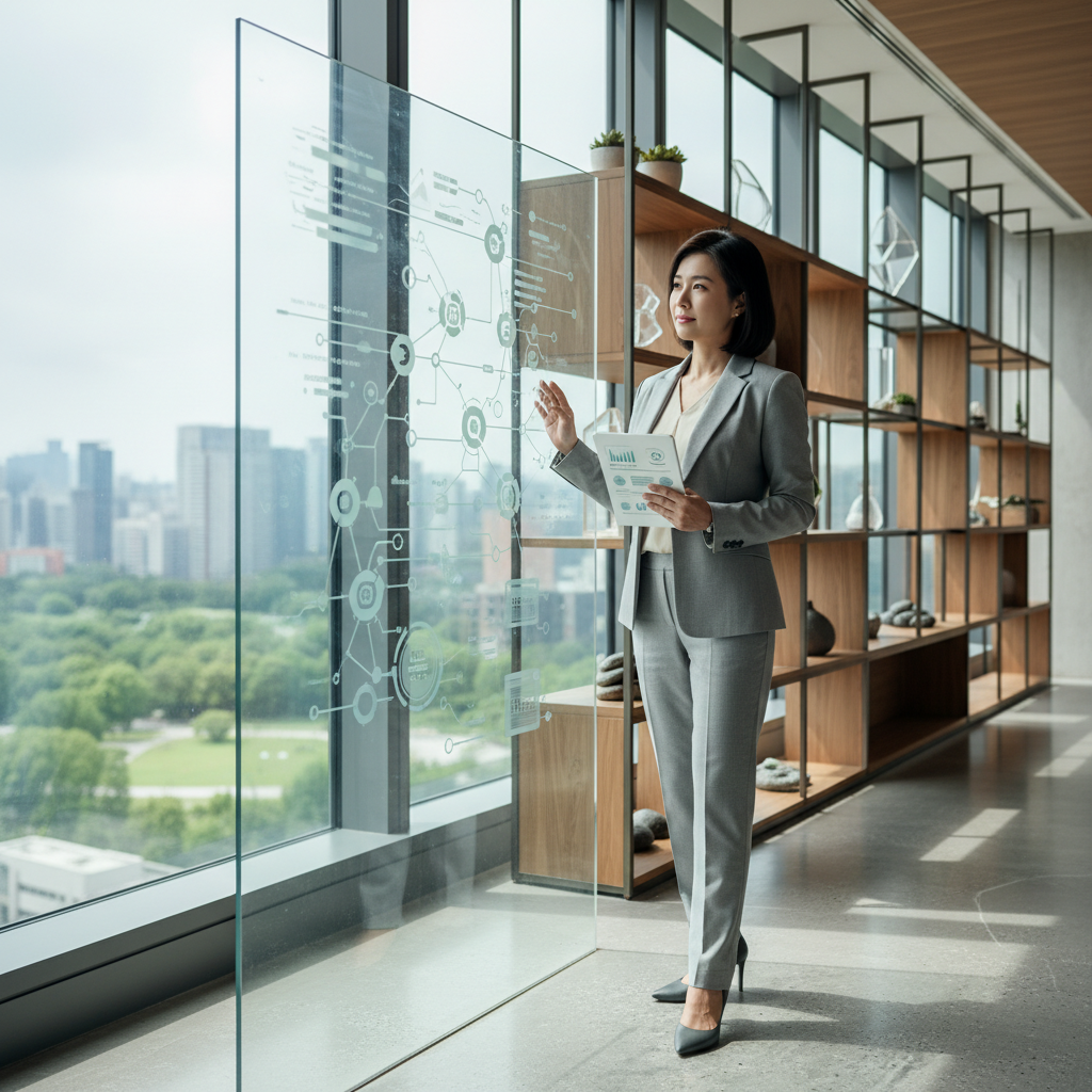 在辦公室中，一位穿著西裝的男性專注地與透明數據面板互動，背景有其他與會者正在進行討論，突顯出中小企業數位轉型的重要性