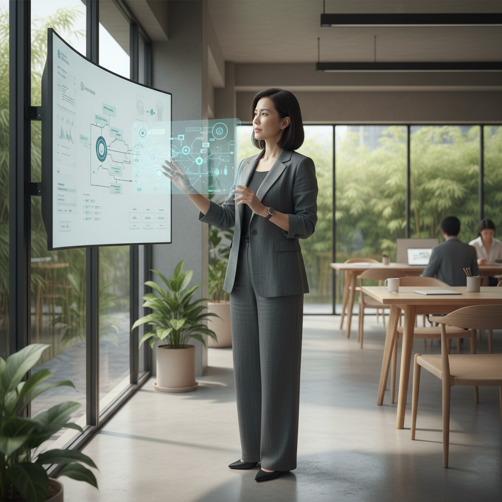 在現代辦公室內，一位企業轉型顧問正微笑著站在前景中，背景是一場關於中小企業數位轉型的會議，與會者們聚精會神地討論著最新的人資趨勢和人才發展策略，展示了企業管理顧問的專業形象。