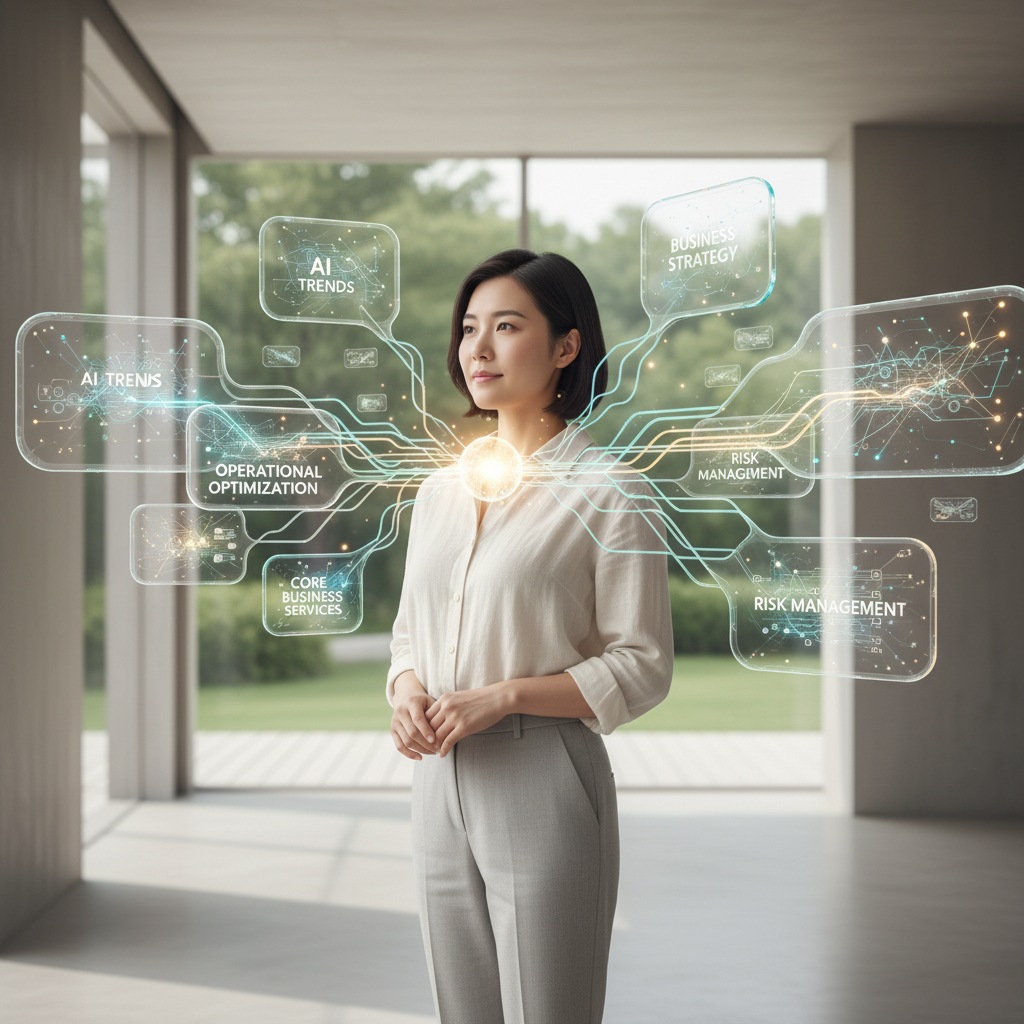一位女性在現代辦公室中，面對著投影出的數位轉型與企業管理相關的虛擬圖像，包括AI趨勢、策略與風險管理，展現數位轉型的重要性。