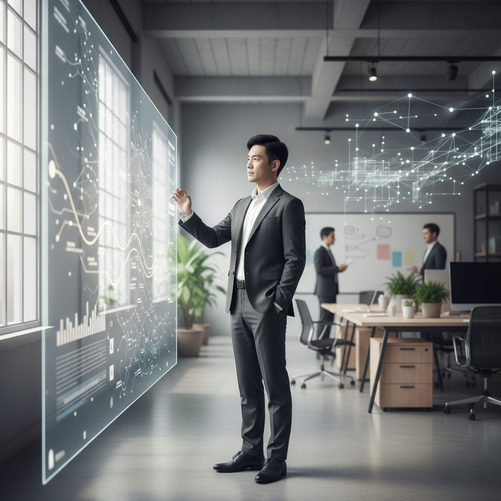 在辦公室中，一位穿著西裝的男性專注地與透明數據面板互動，背景有其他與會者正在進行討論，突顯出中小企業數位轉型的重要性及顧問角色。