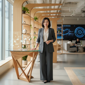 繁體中文 alt：一位穿著西裝的女性專家站在現代辦公空間，背景有數據分析大屏幕，展示企業轉型與數位轉型相關內容。