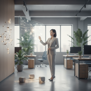 Alt text內容：一位穿著專業西裝的女顧問在現代辦公室中，面對透明的數位投影，進行企業數位轉型策略的說明，背景有電腦桌和綠色植物