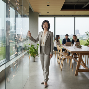 繁體中文 alt：一位女性企業顧問穿著正式西裝，在現代辦公室內站在大螢幕前，螢幕展示數位轉型相關的數據和圖表，背景有團隊成員正在討論。