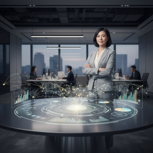 繁體中文 alt：一位專業女性顧問站在高科技數位轉型展示台前，背景是現代辦公室和同事正在工作，展示數位轉型與企業管理的結合。